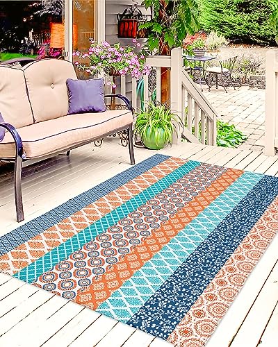 Outdoor Rug 4'x6' for Patio Clearance Large Outside Rug Chenille Patio Rugs Indoor Outdoor Carpet Art Boho Style Geometric Texture Turquoise Blue Area Rugs for Camping Porch Deck Balcony - color: Bohemiaidt8707, size: 4' x 6' (Rectangular)