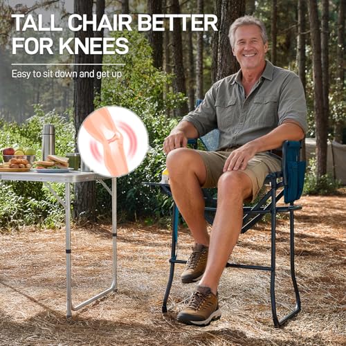 EVER ADVANCED Portable 30.7" Seat Height Tall Folding Camping Chair Directors Chair High Foldable Bar Stool with Side Table for Makeup Artist, Sports Event, Craft Show, Stretch Mesh, Supports 350LBS - color: Teal Mesh