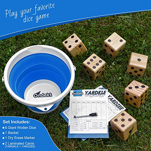 Giant Wooden Yard Dice – Splinter-Free and Crack-Proof Wood – Jumbo Size with Collapsible Bucket - 2 Dry Erase Score Cards - Indoor/Outdoor - Play Many Games – Fun and Engaging Game Time – Ideal Gift