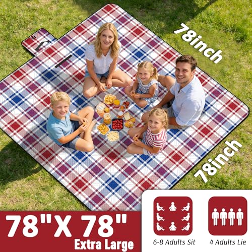 Doonly Picnic Blanket, 78" x 78" Large Waterproof Sandproof Beach Blanket, Foldable Outdoor Blanket Picnic Mat for Beach, Camping, Park, Grass, Lawn, Travel (Blue/Red/White) - color: Blue/Red/White