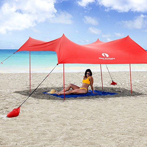 Red Suricata Family Beach Tent & Beach Canopy, UPF50 Sun Beach Shade, Sunshade with 4 Aluminum Poles, 4 Pole Anchors & Sand Shovel, Medium & Portable Sun Shelter Tarp (Medium, Red) - color: Red, size: Medium 7' x 7'