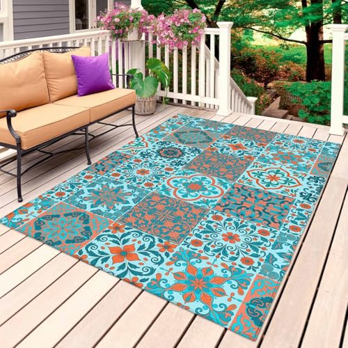 Retro Middle Century Outdoor Rug 5' x 8', Rustic Bohemia Style Aztec Blue Washable Area Rug for Outdoor Indoor, Non Slip Outside Large Rugs Carpet for RV Patio Backyard Picnic Camping Porch Deck - color: Green, size: 5' x 8' (Rectangular)