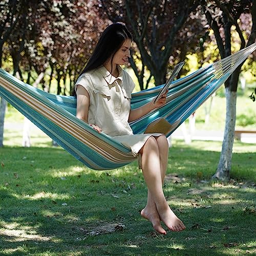 Brazilian Hammock with Tree Straps - Canvas Hammocks Portable Hammock with Carry Bag for Backyard, Porch, Outdoor and Indoor Use Blue & Green - color: Blue, size: X-Large