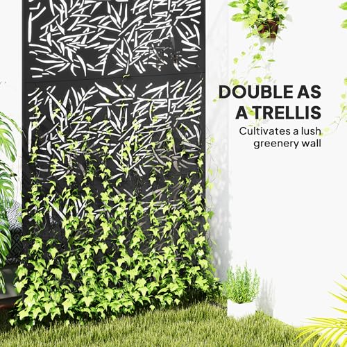 Outsunny Metal Outdoor Privacy Screen, 78" H x 48" W Decorative Privacy Fence Screen, Freestanding Outdoor Divider with Stand, Climbing Plant Trellis for Garden Walkway, Balcony, Patio, Bamboo Black - color: Black/Bamboo
