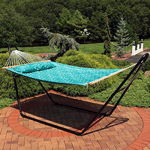 Sunnydaze Quilted Double Hammock for Outside with Spreader Bars and Pillow - 450 lb Capacity, 74x55 Inch Bed, UV Resistant, Quick Dry - Chains Included, Stand Sold Separately - Cool Blue Tropics - color: Cool Blue Tropics