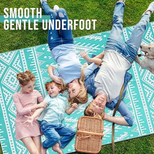 OLANLY Outdoor Rug Waterproof 4x6 ft, Reversible Outdoor Plastic Straw Rug, Boho Patio Rug, Indoor Outdoor Carpet, RV Mat Outside for Patio, Camp, Picnic, Balcony, Deck, Backyard, Turquoise & White - color: Turquoise & White, size: 4' X 6' (Rectangular)