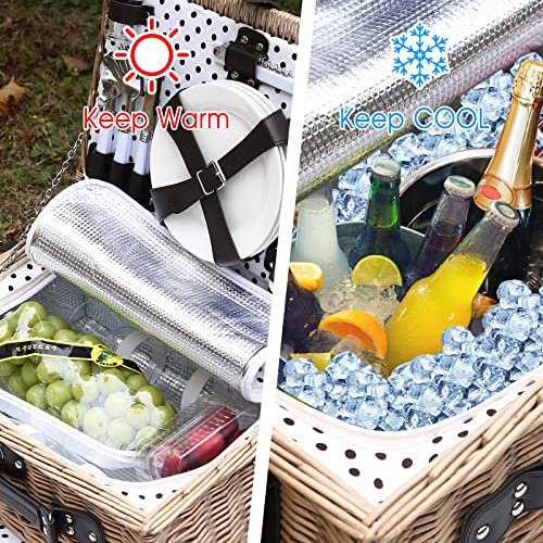 Picnic Basket for 4 Persons with Waterproof Picnic Blanket and Insulated Cooler, Large Wicker Picnic Basket for Camping, Outdoors, Valentine's Day, Christmas, Birthday, Wedding Gift - color: Brown＆white Spots