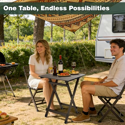 SUNNYFEEL Folding Camping Table - Lightweight Aluminum Portable Picnic Table, 18.5x18.5x24.5 Inch for Cooking, Beach, Hiking, Travel, Fishing, BBQ, Indoor Outdoor Small Foldable Camp Tables - color: Brown-1set