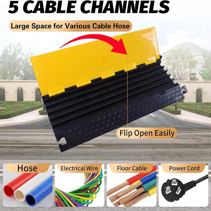 2Pack 39600lbs Load Capacity Cable Ramps Cable Protector Ramp Heavy Duty Rubber Hose Protector Ramp Speed Bump Outdoor (5 Channels, Yellow & Black - size: 5 Channels-2PC