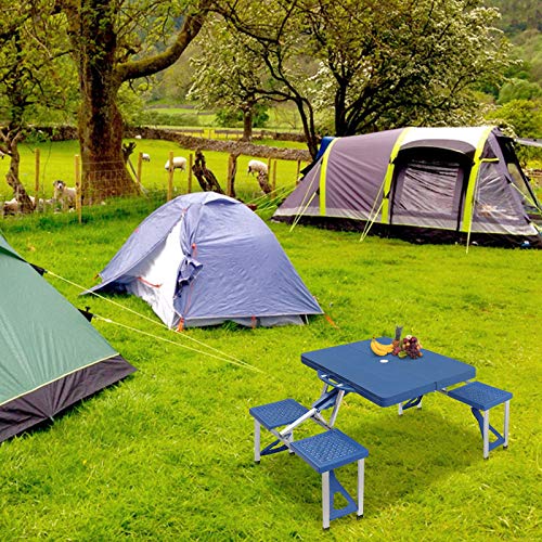 Folding Picnic Table with Umbrella Hole,Aluminum Suitcase Portable Outdoor Table with 4 Seats,for Patio,Porch or Camping Table and Chair Set (Blue)
