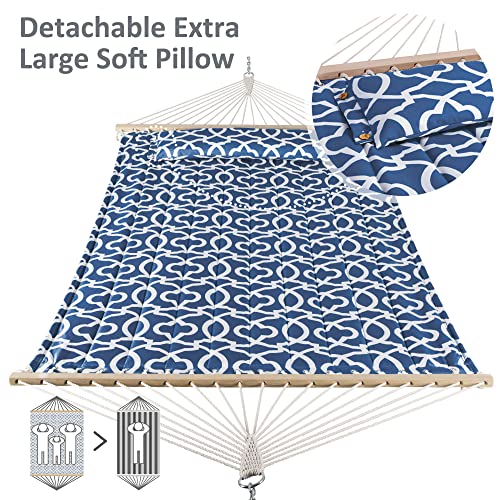 SUNCREAT Double Tree Hammock with Hardwood Spreader Bar, Extra Large Soft Pillow, Heavy Duty Hanging Hammock for Indoor, Outdoor, Blue Pattern - color: Blue Pattern