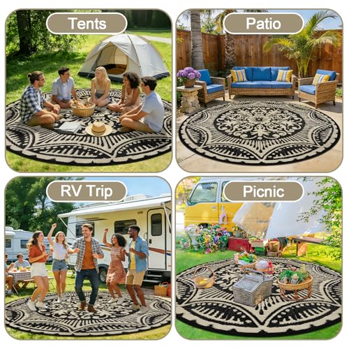 Capslpad 10x10 Floral Outdoor Rug for Patio Clearance Reversible Mat Round Portable Plastic Straw Carpet Waterproof Boho Indoor Outside Area Rugs for RV Camping Picnic Balcony Deck, Black and Brown - color: Black&brown, size: 10' (Round)