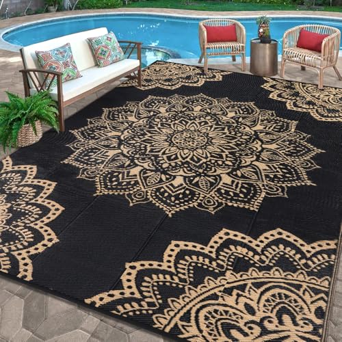 Yamaziot Outdoor Rug 9' x 12', Waterproof Reversible Plastic Straw Rug, Large Outdoor Rugs Mats RV, Picnic, Backyard, Balcony, Porch, Beach, Black Brown - color: Black Brown, size: 9' x 12'