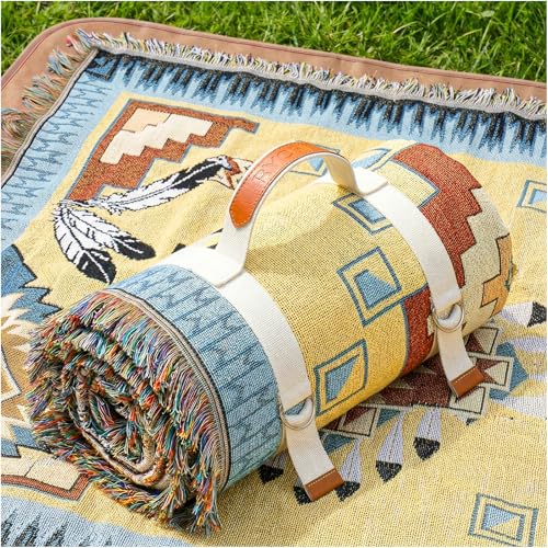 2 in 1 Extra Large Camping Blanket Outdoor Picnic Yoga Mat Lightweight Car Essential Roadtrip Gadget Rv Accessories Glamping Tent Gear Must Haves Hiking Stuff Backpacking Necessities Women Beach Gift - color: Boho Yellow