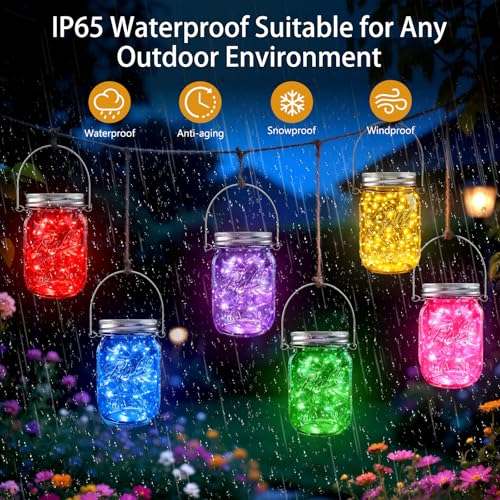 Mason Jar Solar Lights for Outside, 12 Pack 30LED Fairy Firefly Lights Mason Jar Solar Lids Outdoor Waterproof String Lights with Hangers(NO Jars) for Patio Garden Yard Lawn Decor(6 Colors) - color: 6 Mixed Colors
