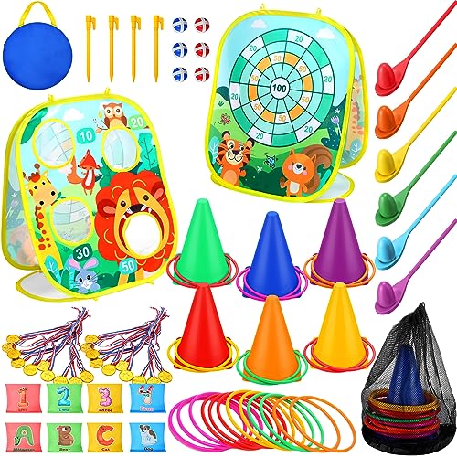 Yunsailing 63 Pcs Carnival Outdoor Games Set for Kids Include Animal Bean Bag Toss Plastic Cones Ring Toss Egg and Spoon Race, Field Yard Lawn Outdoor Game, Gift for Birthday Party