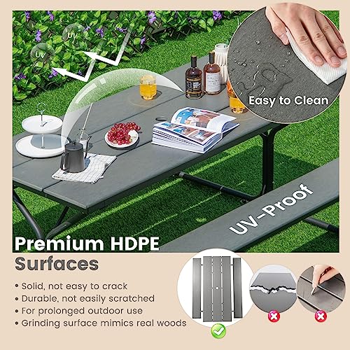 Giantex 6 FT Outdoor Picnic Table Bench Set for 6-8 People, 2400 LBS Capacity Patio Dining Table & 2 Benches with Metal Frame & HDPE, Balcony Conversation Set for Poolside Deck Garden (Gray) - color: Grey