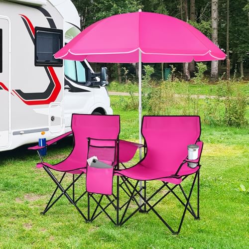 Double Beach Chair, 2-Person Portable Loveseat w/Removable Umbrella, Cup Holders & Carrying Bag, Folding Camping Chairs for Adults Outdoor Picnic (Pink) - color: Deep Pink