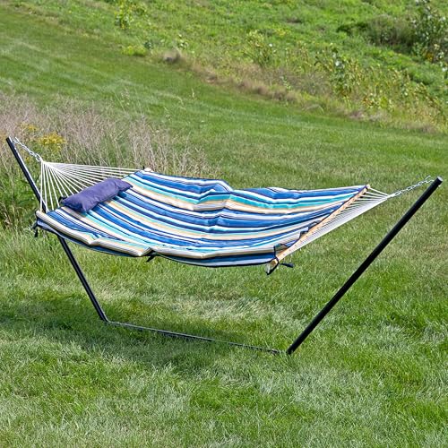 Sunnydaze Rope Hammock with Stand for Outside - Heavy Duty Freestanding Portable Outdoor Hammock Set with Quilted Pad, Pillow, and 12-Foot Steel Frame - 275 lb Capacity - Lakeview - color: Lakeview