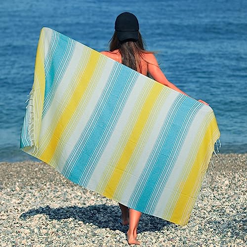 HILLFAIR Cotton Turkish Beach Towels, Quick Dry Lightweight Sand Free Peshtemal Towel for Bath Swim Yoga Travel, Beach Accessories, Oversized Cotton Turkish Towels (39 x 72 inch- 4 Pack Yellow Blue) - color: Yellow Blue, size: 39 x 72 inch ( Beach towel -