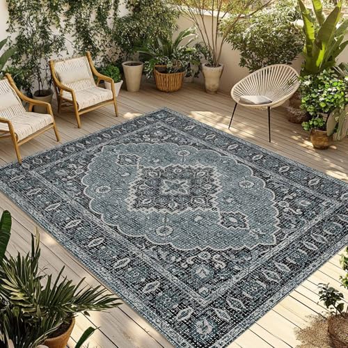 Outdoor Rug 6x9ft, Boho Traditional Flower Indoor Area Rug for Patio Backyard Deck Large Floor Mat, Retro Tribal Ethnic Abstract Style Non-Slip Outside Carpet Balcony Porch Camping Rugs Picnic Mat - color: Cadetblue, size: 6' x 9' (Rectangular)