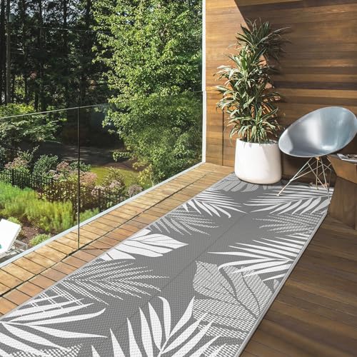GENIMO Outdoor Rug 2.5' x 8' Waterproof for Patios Clearance, Reversible Outdoor Plastic Straw Hallway Runner Rug Carpet, Entryway Rugs Mats for Deck, Porch, Balcony, Camping, RV, Camper, Grey&White - color: Grey & White | Waterproof, size: 2'6" x 8' (Rec