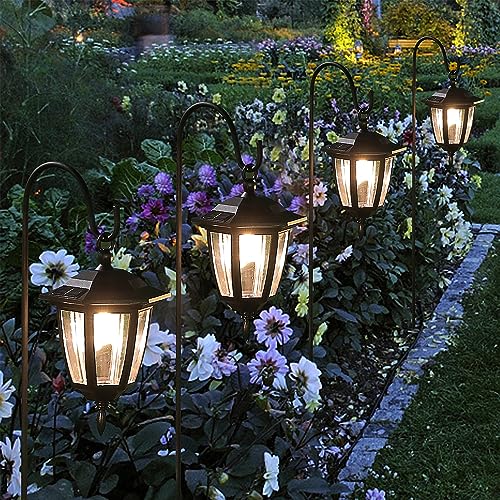 Dynaming 6 Pack Solar Hanging Lights Outdoor, Solar Powered Garden Decorative Lanterns with 6 x 38 Inch Shepherd Hooks, Waterproof Landscape Lighting for Lawn Patio Yard Pathway Driveway, Warm White - size: 6 Pack