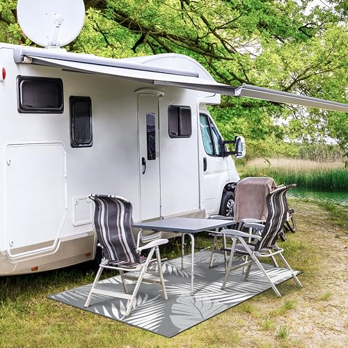 GENIMO Outdoor Rug 3' x 5' Waterproof for Patios Clearance, Reversible Outdoor Plastic Straw Camping Rug Carpet, Large Area Rugs Mats for RV, Camper, Deck, Balcony, Porch, Beach, Picnic, Grey&White - color: Grey & White | Waterproof, size: 3' x 5' (Rectan