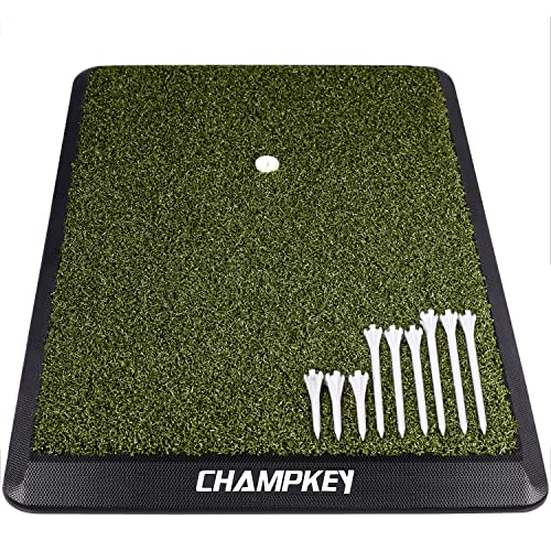 CHAMPKEY Premium Synthetic Turf Golf Hitting Mat | Heavy Duty Rubber Base Golf Practice Mat | Come with 1 Rubber Tee and 9 Plastic Tees - size: S (8.5" x 17"), style: PRO Version