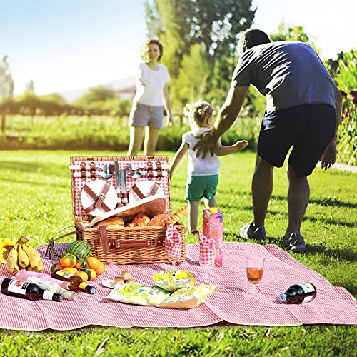 Picnic Basket for 4 Persons with Waterproof Picnic Blanket and Insulated Cooler, Large Wicker Picnic Basket for Camping, Outdoors, Valentine's Day, Christmas, Birthday, Wedding Gift - color: Red and White Small Plaid