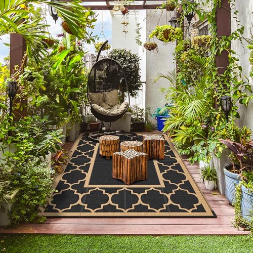GENIMO Outdoor Rug 9' x 12' Patio Waterproof, Foldable Reversible Plastic Straw Area Rugs Mat for Camper Decor, Outside Carpet for Rv, Deck, Porch, Picnic, Beach, Balcony, Black & Brown - color: Black&brown, size: 9' x 12' (Rectangular)