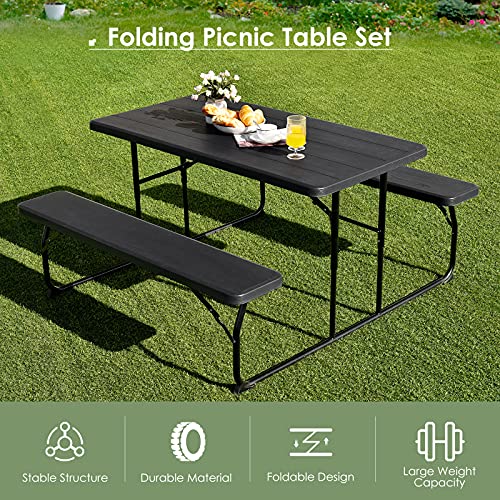 S AFSTAR Folding Picnic Table Bench Set, Foldable Picnic Table with 2 Benches, Outdoor Table and Bench W/Steel Frame & Wood-Like Texture Tabletop, Camping Table Chair Set for Garden Patio Lawn (Black) - color: Black