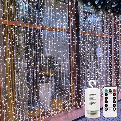echosari Curtain Lights Battery Operated, 9.8Ft x 9.8ft 300 LED Curtain String Light with Remote Timer 8 Modes Hanging Lights for Wedding Party Home Garden Wall Decor (Cool White) - color: Cool White, size: 9.8Ft x 9.8Ft