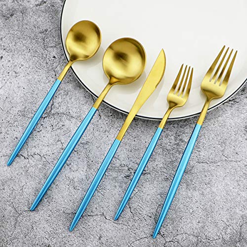 20-Piece 18/10 Stainless Steel Flatware Silverware, Luxury Dinnerware Set Travel Cutlery Tableware Include Knife Fork Spoon Service for 4, Dishwasher Safe (Blue Handle Matte Gold) - color: Blue Handle Gold, size: Service for 4