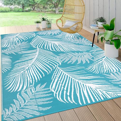 Pauwer Waterproof Outdoor Rug 6x9, Reversible Plastic Straw Patio Camping Rug, Indoor Outdoor RV Mat Carpet for Deck, Camper, Porch, Balcony, Backyard, Picnic, Leaf Teal - color: Leaf Teal, size: 6' x 9' (Rectangular)