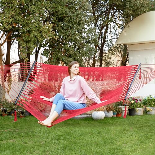 PNAEUT Double Rope Hammocks for Outside, Handwoven Double Caribbean Hammock with Spreader Bar for Outdoor Indoor, Max 600 lbs Capacity (Ruby) - color: Ruby
