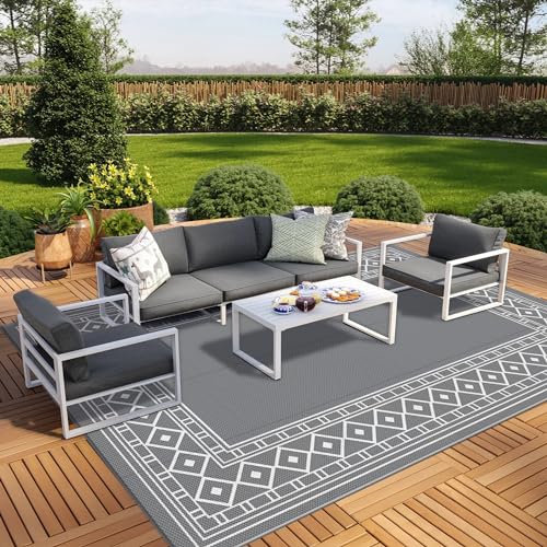 GENIMO Outdoor Rug Waterproof for Patio, 9'x12' Reversible Plastic Straw Outdoor Carpet, Camping Outside Mat for Outdoor Decor, RV, Deck, Camper, Balcony, Picnic, Grey & White - color: Grey & White | Natural, size: 9' x 12' (Rectangular)