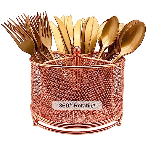 DysanVica 360 Rotating Metal Utensil Caddy - 4 Compartment Silverware Cutlery Holder Fork Spoon Napkin Organizer Flatware Storage Basket Party Countertop Buffet Picnic Camping Outdoor Rose Gold Pink - color: Rose Gold