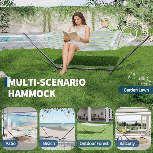 2 Person Outdoor Hammock with Stand, Person Cotton Rope Hammock with Polyester Pad, Portable Hammock with Carrying Bag, for Patio, Garden, Beach, Backyard Camping - color: Blue