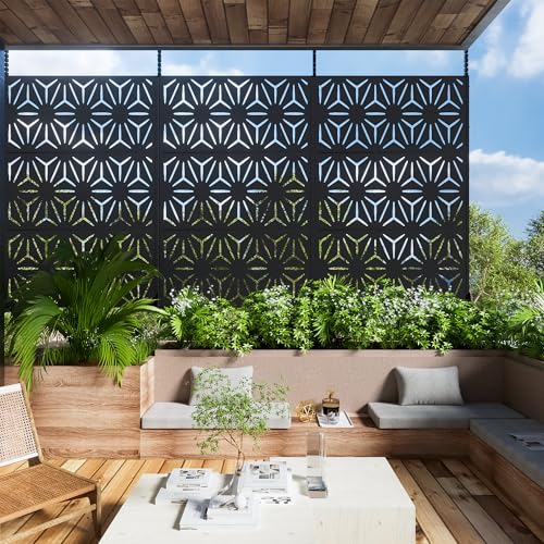 Casaphoria Metal Privacy Screen Outdoor, 72" H x 47" W Freestanding Decorative Privacy Screen for Patio Deck Balcony Garden with Stable Base, Star Black - color: Black-star