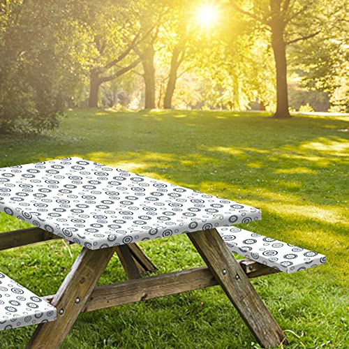 8ft Picnic Table and Bench Cover, Camping Essentials RV Gear, 96 in Waterproof Windproof Outdoor Elastic All Around Tablecloth, Fitted Rectangle Tables and Seats, Blue Flywheel - color: Blue Flywheel, size: 96"