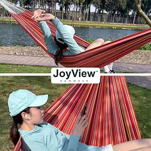 JoyView Brazilian Double Hammock with Hanging Ropes Extra Large 86.6x59” Portable Cotton Hammock for Patio Backyard Porch 450LBS Weight Capacity Perfect for Outdoor/Indoor - Blue & White Stripes - color: Blue & White Stripes