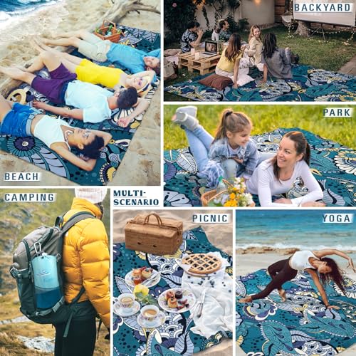 Famstar Beach Blanket Sandproof Waterproof 78''×81''1-5 Adults Oversized,Compact Lightweight Durable Beach Mat for Travel Camping Hiking Picnic Blanket - color: Green Flower, size: 78''×81''