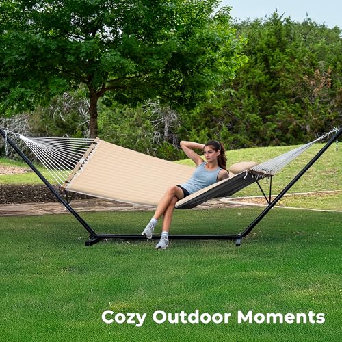 SUPERJARE Hammock with Stand, 2 Person Quilted Outdoor Hammock, Detachable Pillow & Bamboo Spreaders, Portable Hammock with Carrying Bag, Heavy Duty Stand, Perfect for Outside, Patio, Beige - color: Beige, size: 55.1"W × 74.8''D × 43.3''H