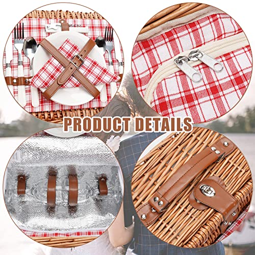 Wicker Picnic Basket for 2 with Large Insulated Cooler Compartment and Waterproof Picnic Blanket, Cutlery Service Kits, Wicker Picnic Hamper for Camping, Valentine Day,Thanks Giving,Birthday(Red) - color: Red Check