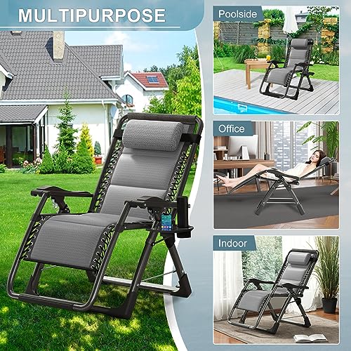 ABORON Zero Gravity Chair,Premium Outdoor Lawn Folding Lounge Chairs,Sturdy Adjustable Reclining Patio Chairs with Built in Cushion,Headrest & Tray - color: Ice Gray