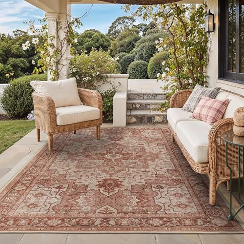 GENIMO Outdoor & Indoor Area Rug 6'x9', Waterproof, Non-Shedding, Easy Cleaning, Boho Mat for Patio, Living Room, Balcony, Dining Room, RV, Deck, Bedroom, Camping, Outside Carpet,Brown Red - color: Brown Red, size: 6' x 9' (Rectangular)