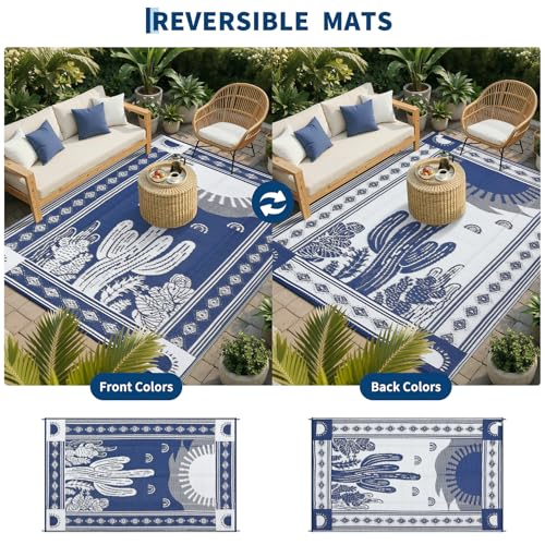 Garvee Waterproof Outdoor Rug 5x8, Cactus Botanical Outdoor Plastic Straw Rug for Camping, Reversible RV Mat Outside, Indoor Outdoor Carpet for Porch, Deck, Backyard, Balcony, Picnic, Navy & White - color: Navy & White-cactus, size: 5' x 8' (Rectangular)