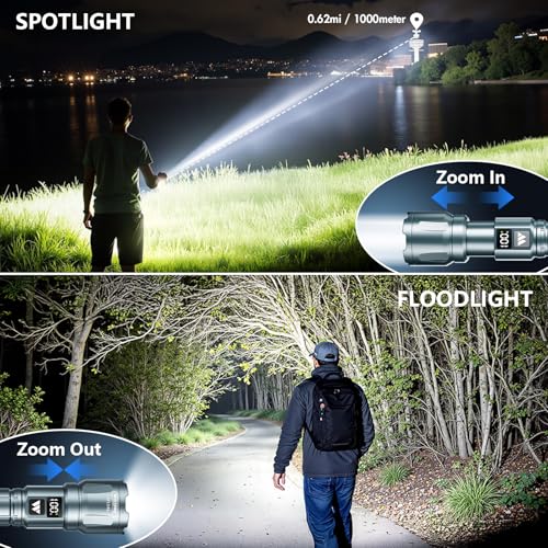 WdtPro LED Rechargeable Flashlight 2 Pack, 3 Modes Super Bright High Lumens Flashlights, Zoomable Tactical Flash Light with LCD Display, IP65 Waterproof Flashlights for Home Emergency Camping - Grey - color: Gray