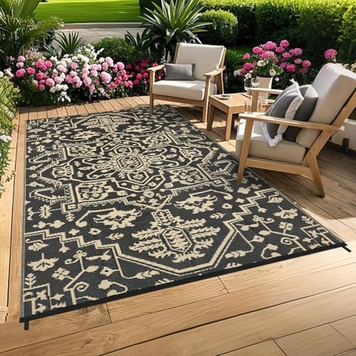 GarveeHome 8x10 Outdoor Rugs Vintage Medal Reversible Plastic Straw Rug UV Resistant Non Shedding Camping Carpet Fold Portable Outside Carpet Mat for RV Porch Backyard Balcony Pool Side, Black Brown - color: Vintage | Black Brown, size: 8' x 10' (Rectangu